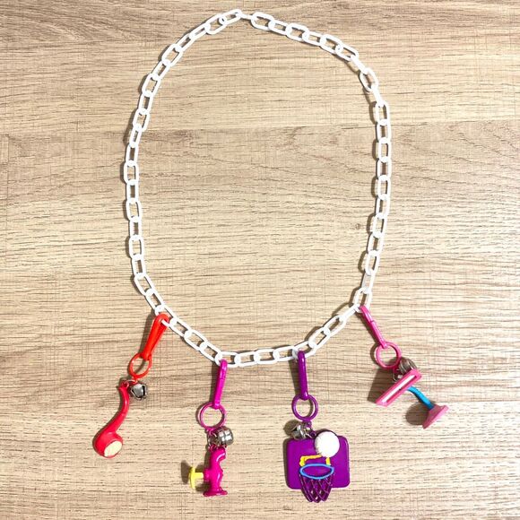 Jewelry - Vtg Plastic Charms Bell Clip Set of 4 Lamp Basketball Pipe White Chain Necklace
